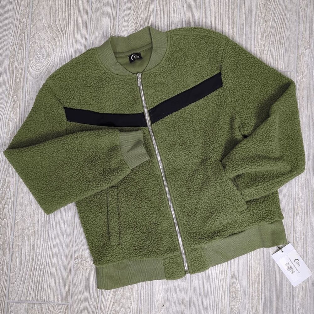 Zyia Active Womens Green Black Sherpa Fleece Zip Up Teddy Jacket Size M New